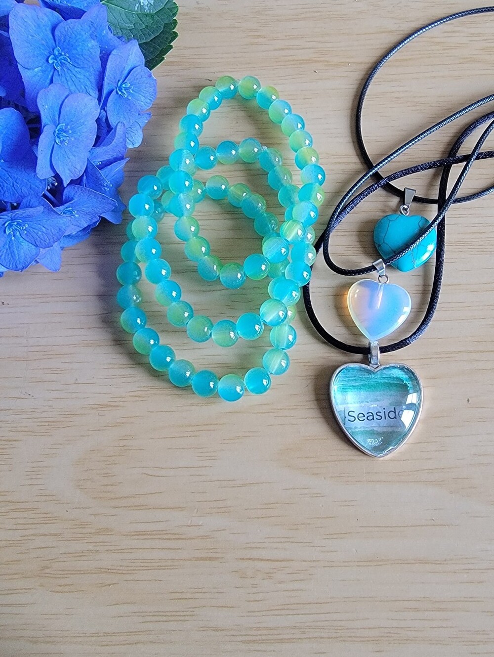 Handcrafted Set Of 6 Seaside Heart Cabochon, Hearts & Aqua Bead Bracelet Set